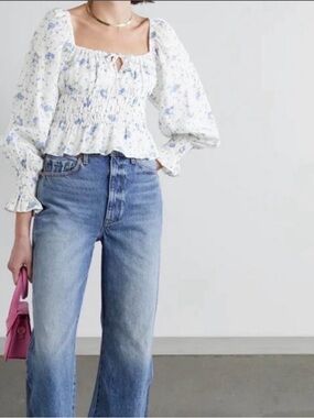 Faithfull the Brand White Smocked Peasant Blouse with Blue Floral Print